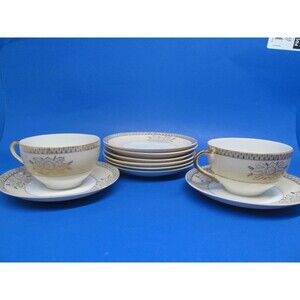Chikaramachi Japan Vintage Set Of 2 Cups And 8 Saucers CHK3 Pattern Gold Trim GC